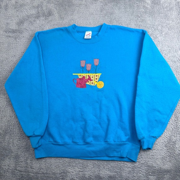 Jerzees Tops - Jerzees Sweatshirt‎ Womens Large Blue Vintage 90s Garden Applique Made in USA